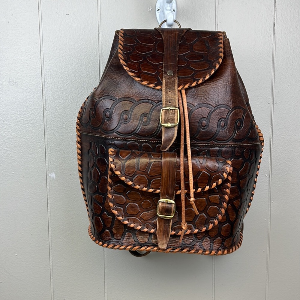 Vintage Brown Tooled Leather Boho Convertible Back Pack / Shoulder Bag
